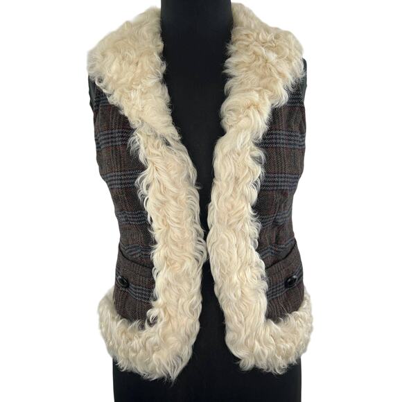 Y2K Arden B Plaid Wool Blend Sleeveless Open Front Women's Faux Fur Vest S Small - Picture 1 of 12